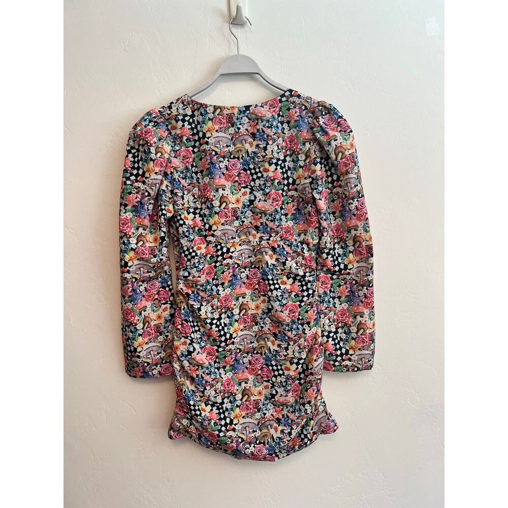For Love & Lemons June Bell Sleeve Checkered Floral Print Mini Dress Size Medium - Picture 4 of 8
